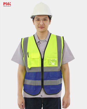 เสื้อกั๊กเซฟตี้มีกระเป๋า (ผ้าPolyester) สีเขียว/น้ำเงิน