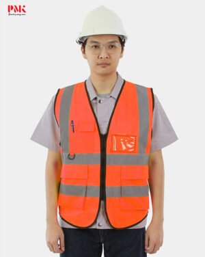 เสื้อกั๊กเซฟตี้มีกระเป๋า (ผ้าPolyester) สีส้ม