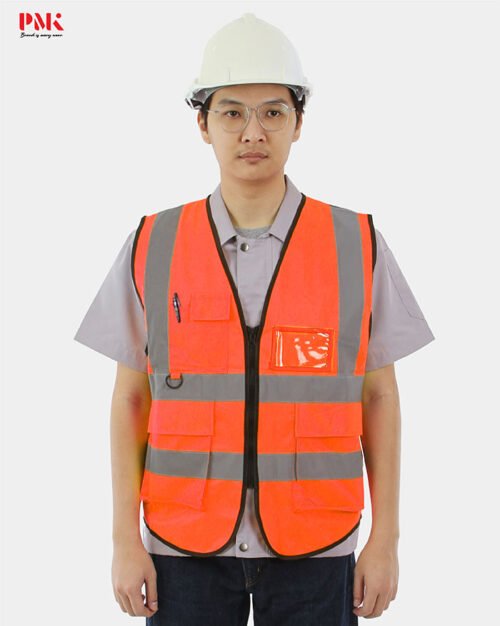 เสื้อกั๊กเซฟตี้มีกระเป๋า (ผ้าPolyester) สีส้ม